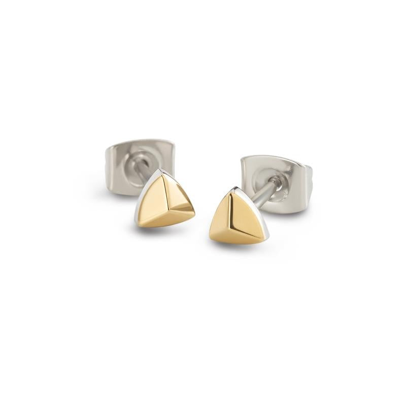 Pendientes de titanio con forma triangular y acabado en dos tonos, dorado y plateado.