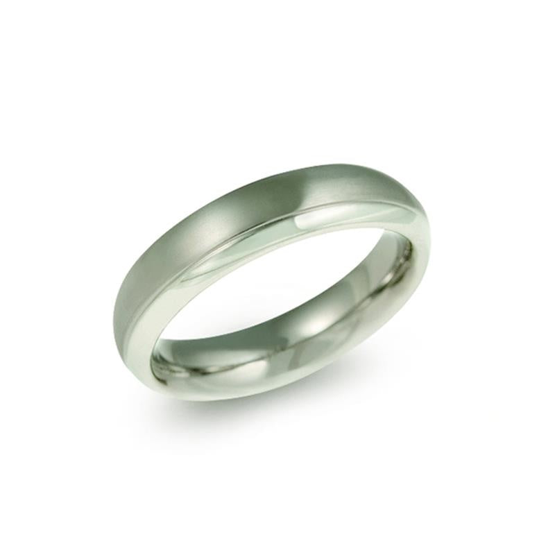 Anillo de titanio con acabado pulido y diseño sencillo, de forma redonda y color gris claro.
