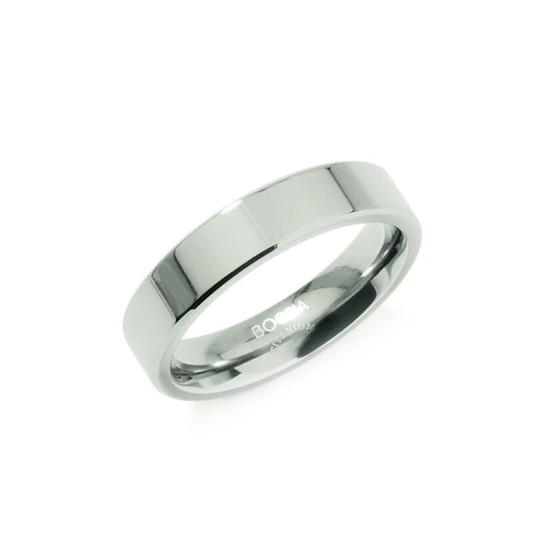 Anillo de titanio pulido con diseño sencillo y forma plana.