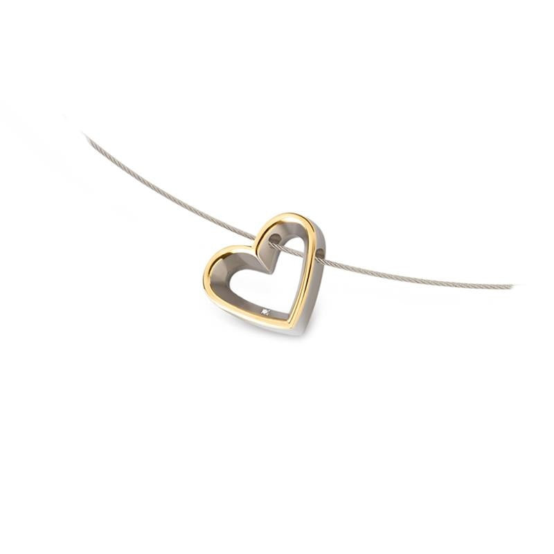 Colgante bicolor en forma de corazón, con detalles en titanio y dorado.
