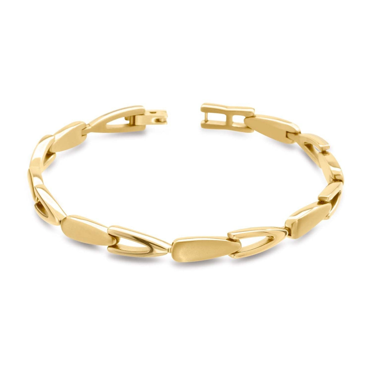 Pulsera de titanio dorada con eslabones alargados y cierre de seguridad.