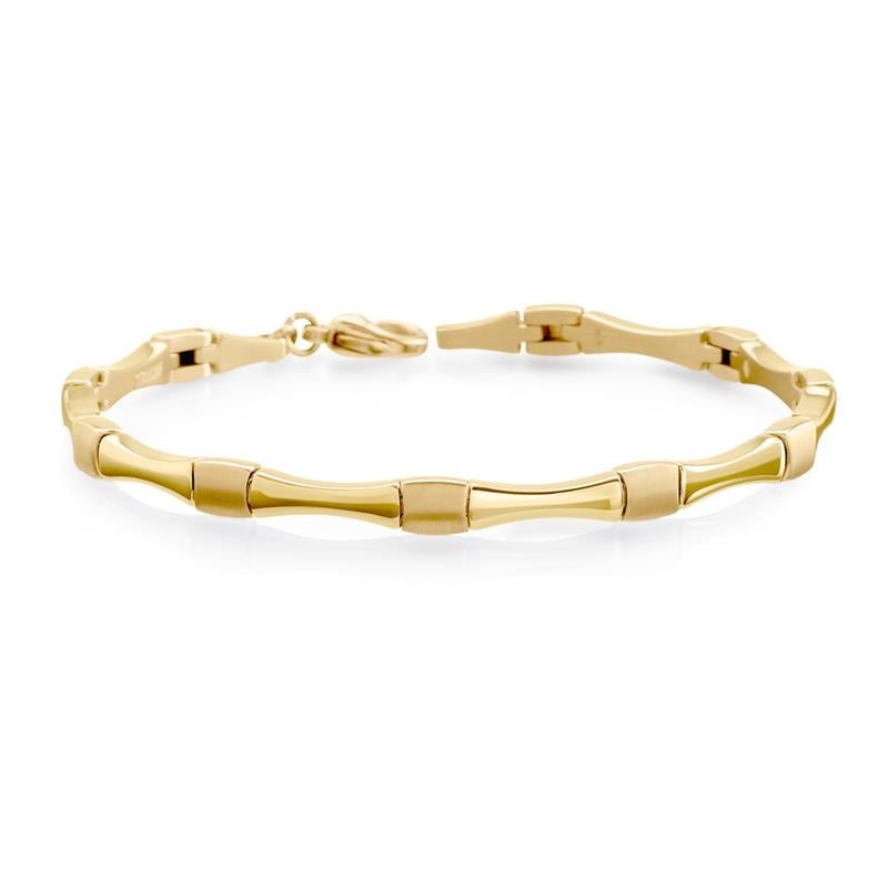 Pulsera de titanio dorada con eslabones en forma de tubo y cierre de langosta.