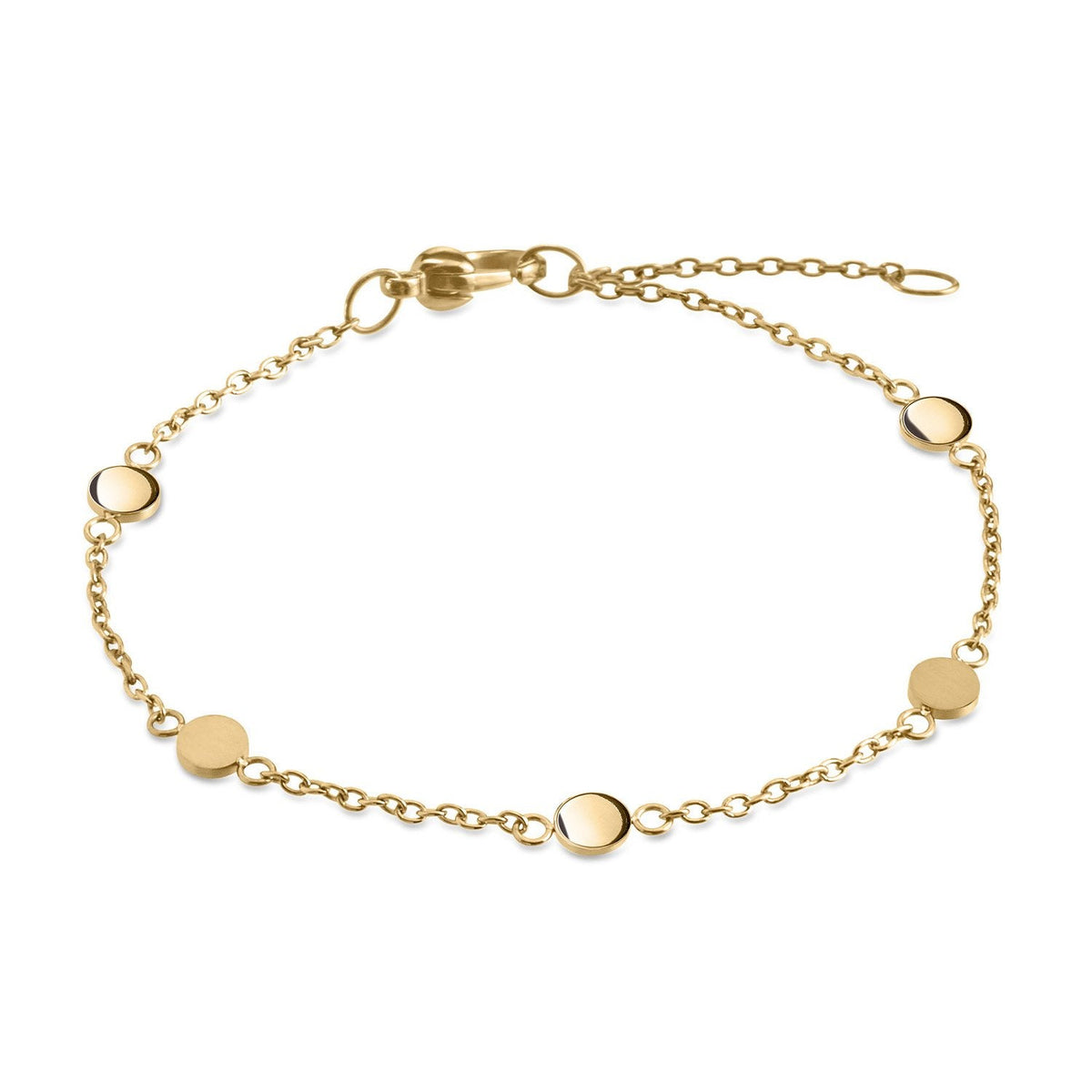 Pulsera de titanio dorada con discos redondos y cadena ajustable.