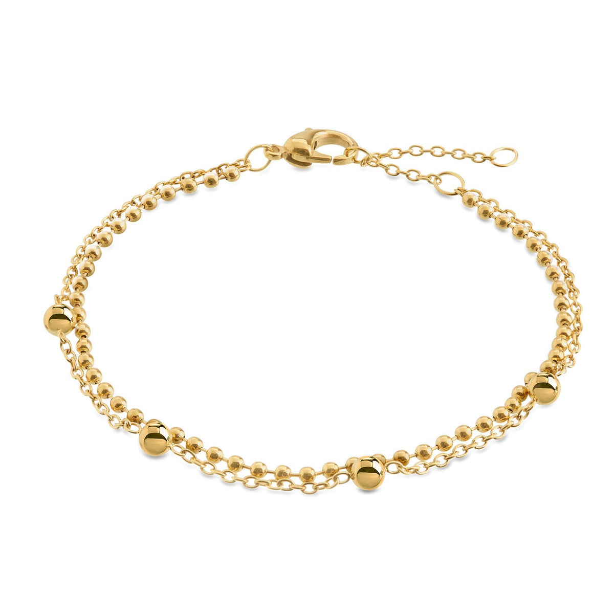 Pulsera de titanio dorada con esferas brillantes y cadena de eslabones.