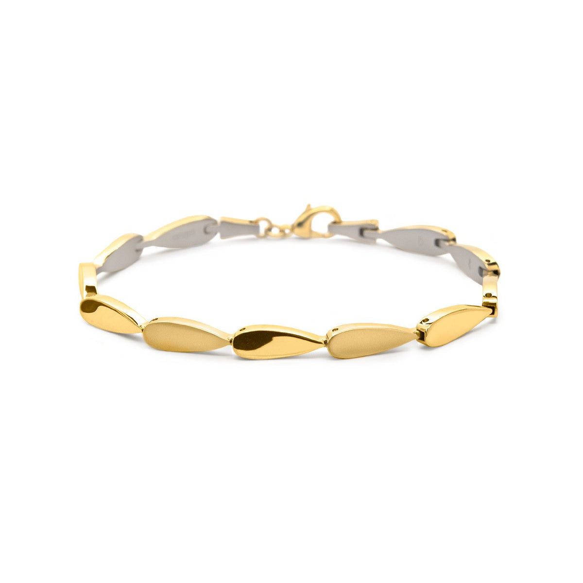Pulsera de titanio con eslabones en forma de gota en acabado dorado y plateado.