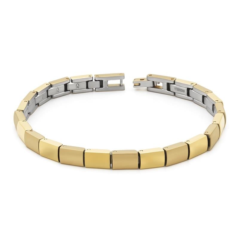 Pulsera de titanio con eslabones en color dorado y plateado, diseño moderno y pulido.