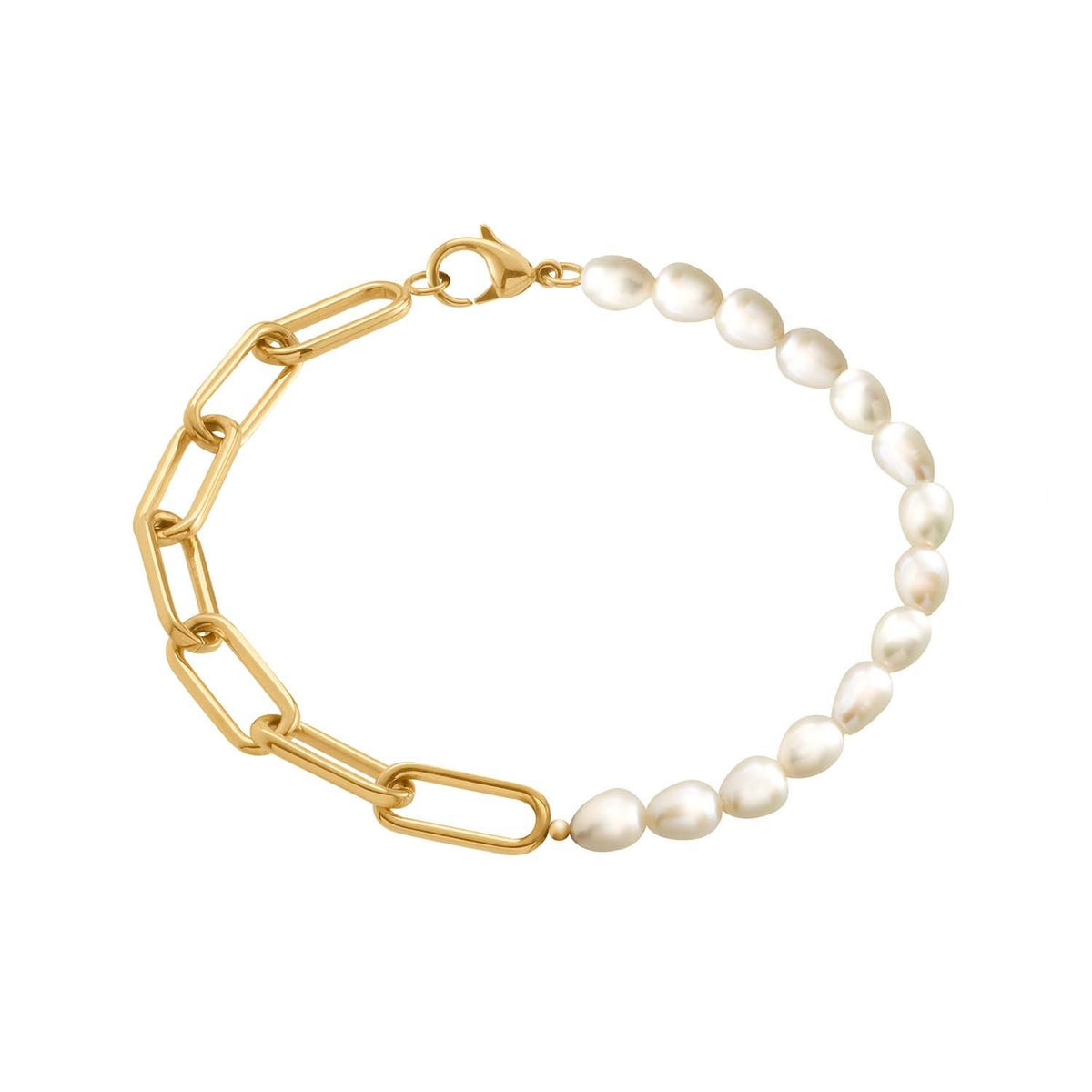 Pulsera de titanio dorada con perlas y eslabones alargados.