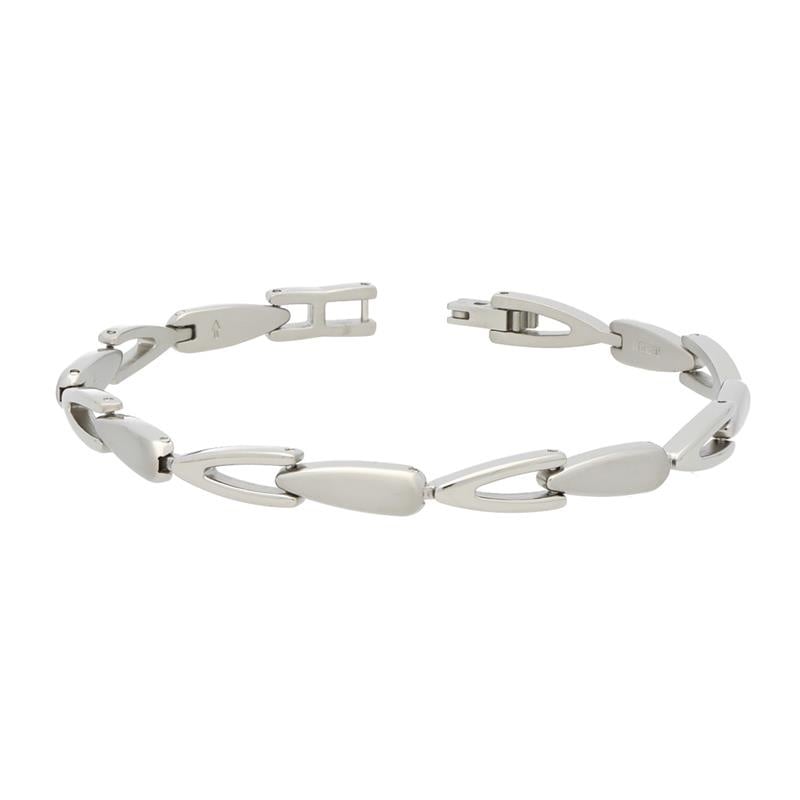 Pulsera de titanio plateada con eslabones ovalados y cierre de seguridad.