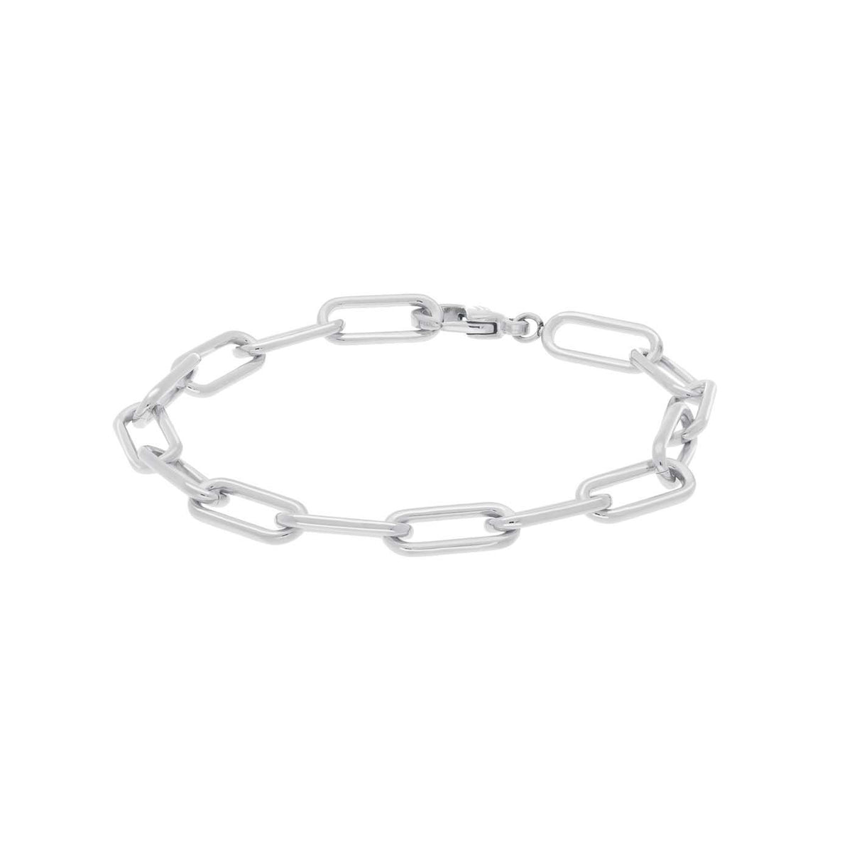 Pulsera de titanio plateada con eslabones alargados y cierre de mosquetón.