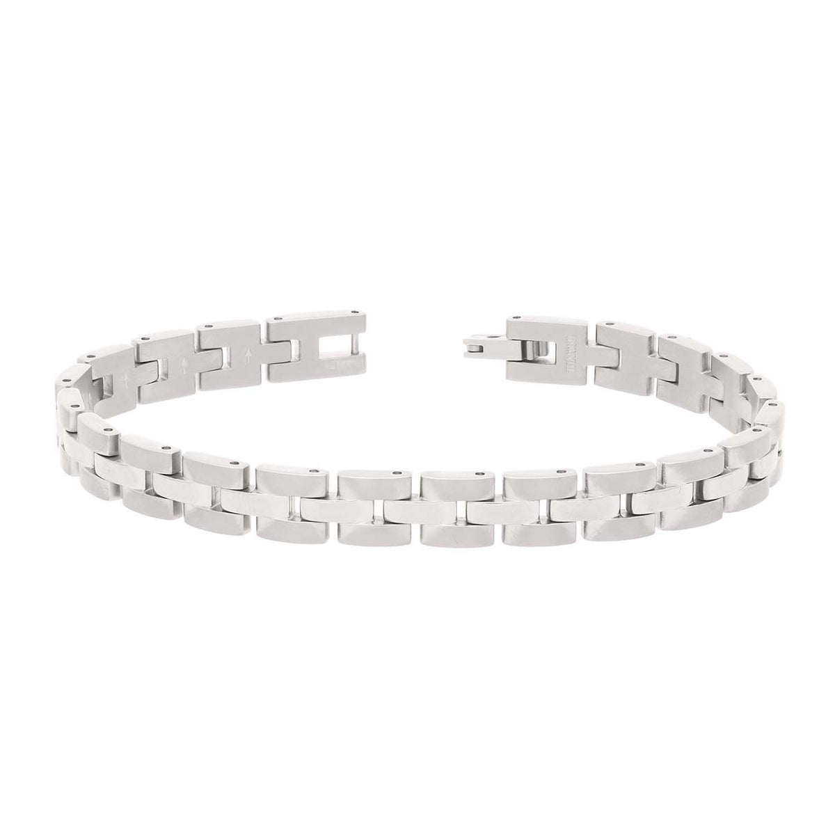 Pulsera de titanio plateada con eslabones rectangulares y cierre de seguridad.