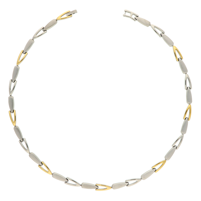 Collar bicolor de titanio con eslabones grises y detalles dorados.