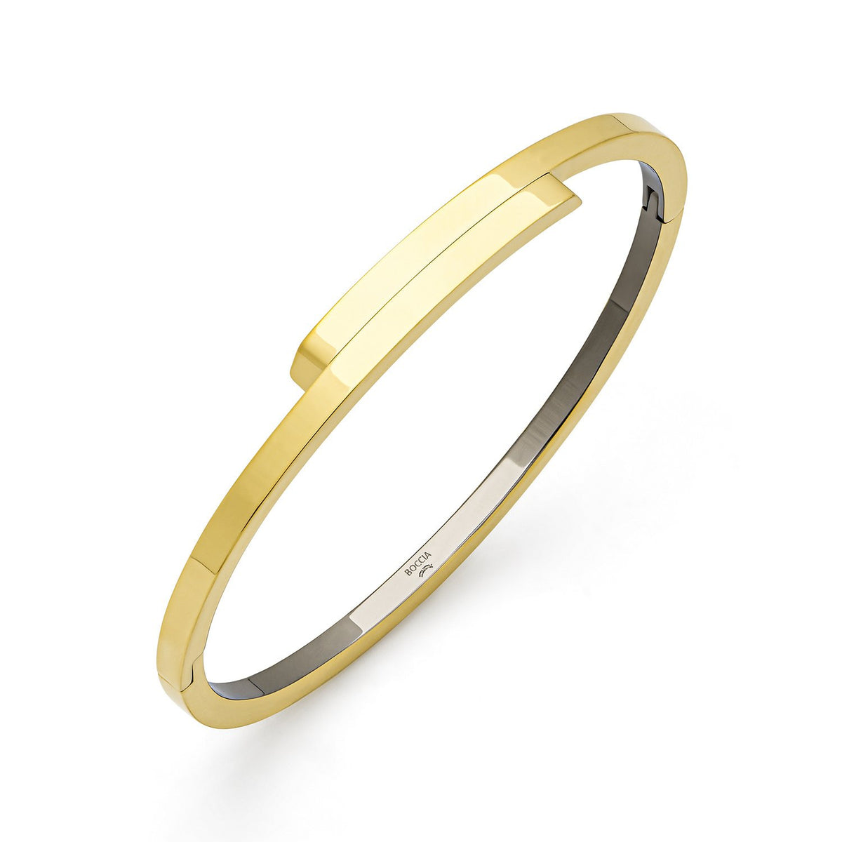 Pulsera de titanio con acabado dorado y diseño minimalista, de forma rectangular.