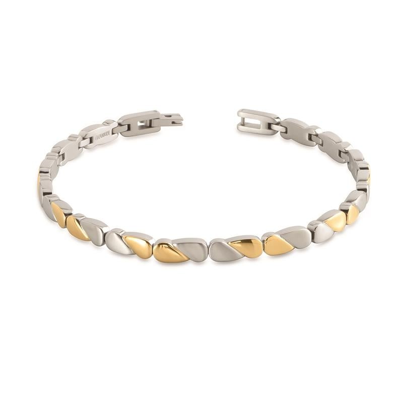 De Boccia Titanium Armband Bicolor 03016-02 heeft zilverkleurige en goudkleurige kiezelschakels, elegant gebogen en afgebeeld op een witte achtergrond.