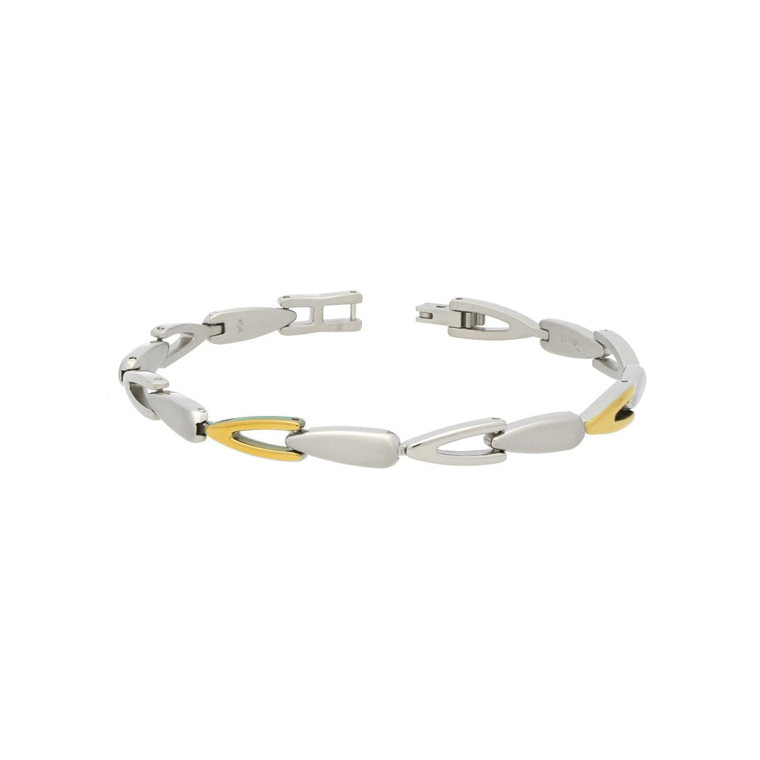 De Boccia Titanium Armband van Boccia heeft afwisselend zilveren en gouden ovale schakels, een modern ontwerp van duurzaam titanium en is voorzien van een vouwsluiting voor een elegante, eigentijdse look.