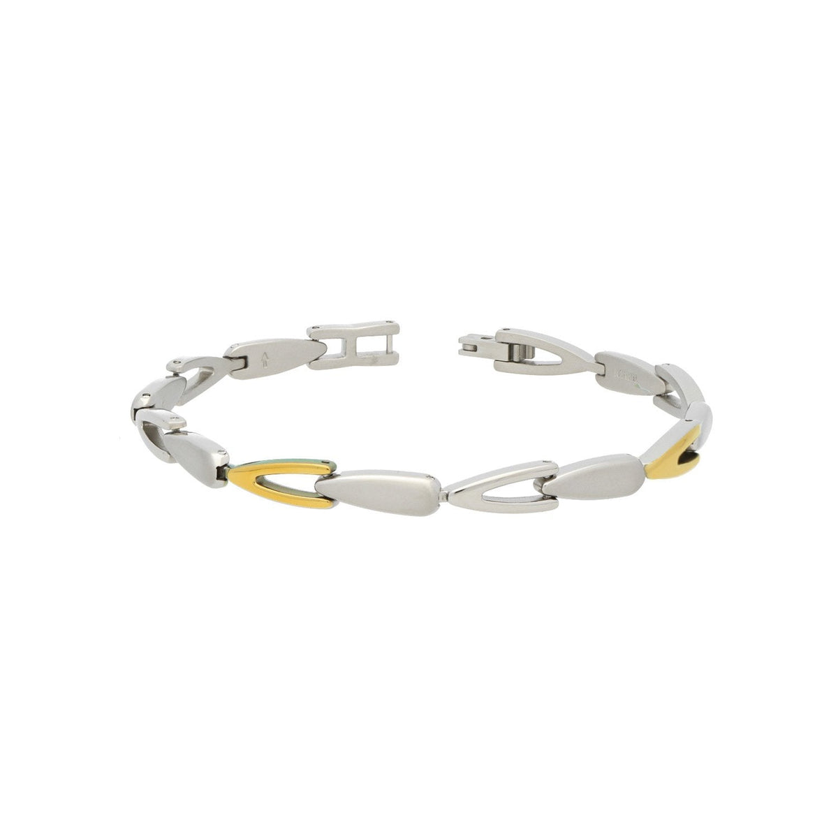 Pulsera de titanio con eslabones plateados y un detalle dorado.