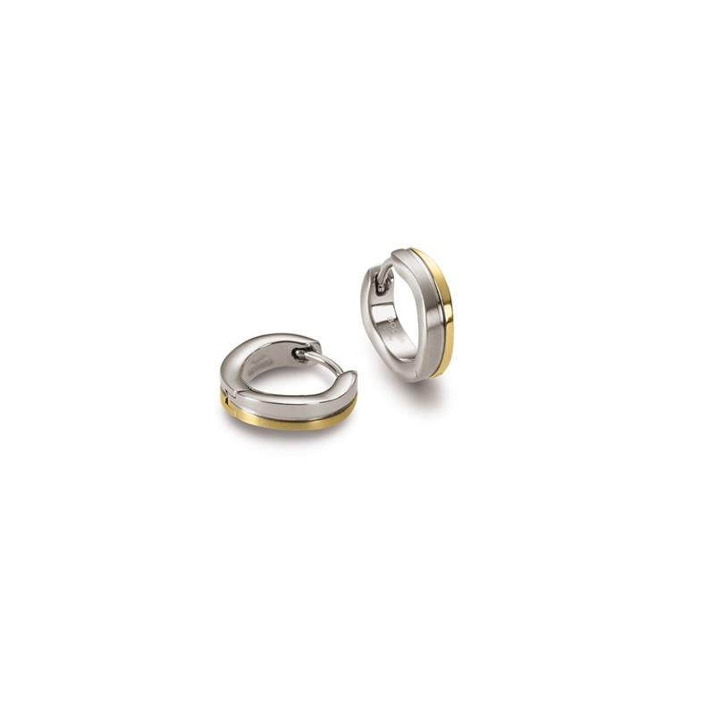 Pendientes de aro bicolor de titanio con detalles en dorado y acabado brillante.