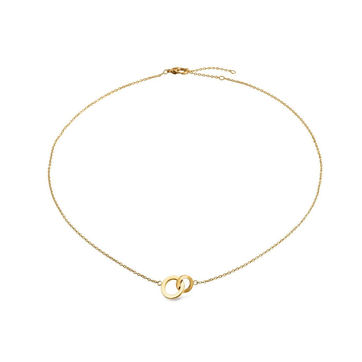 Collar dorado con un colgante en forma de infinito, cadena delicada y cierre de langosta.