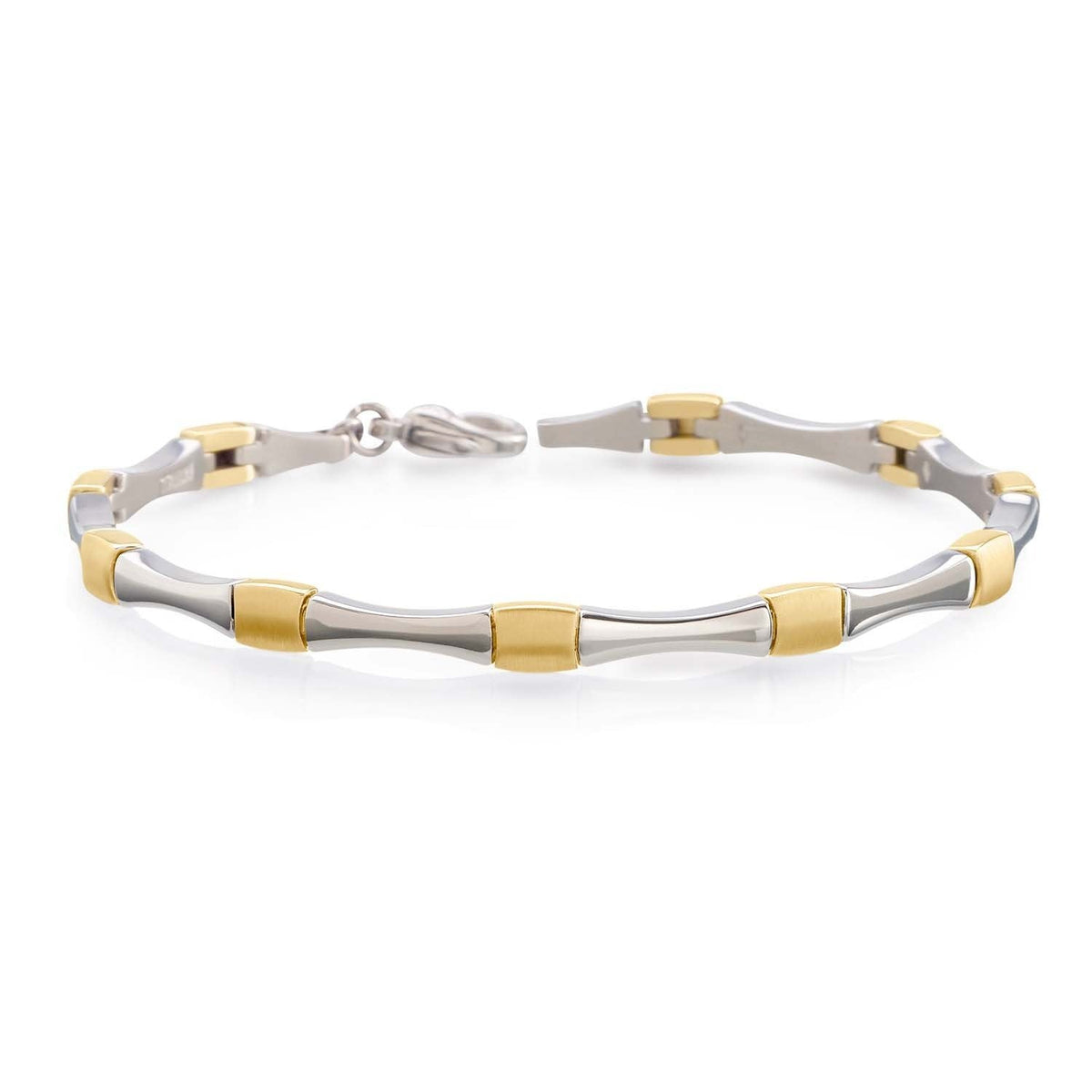 Pulsera bicolor de titanio con eslabones plateados y detalles dorados.