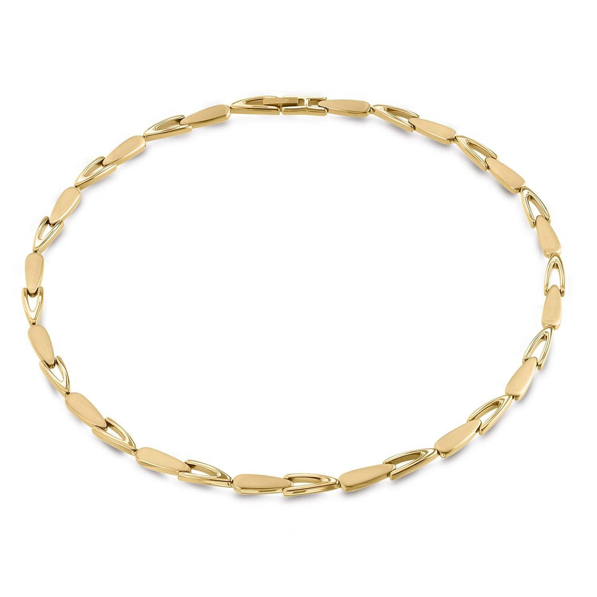 Collar de titanio dorado con eslabones alargados y forma ovalada.