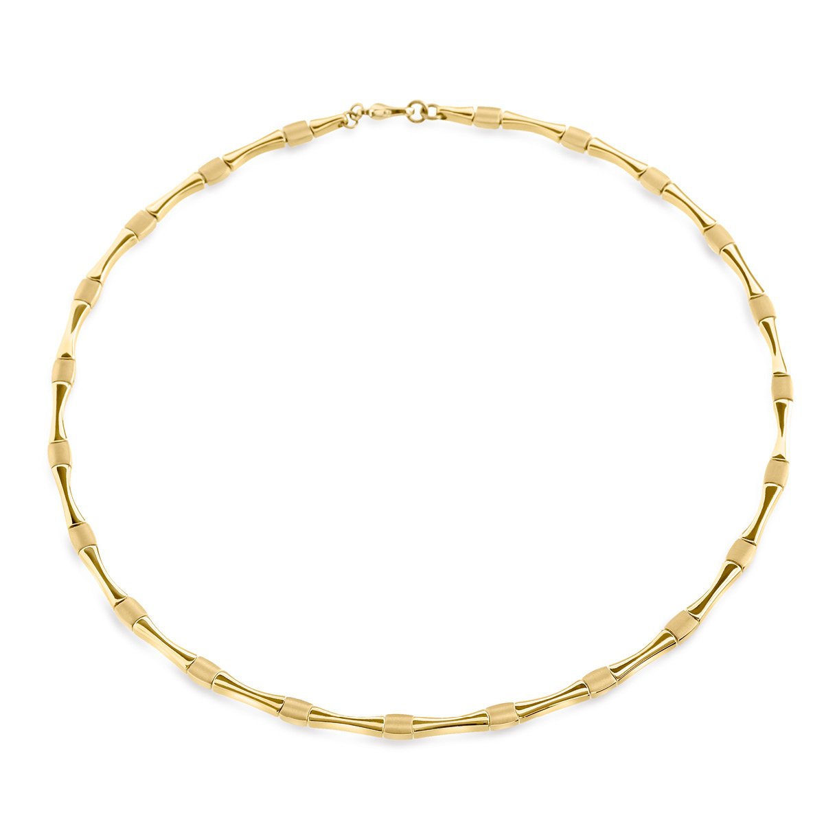 Collar de titanio dorado con eslabones alargados y detalles en forma de tubo.