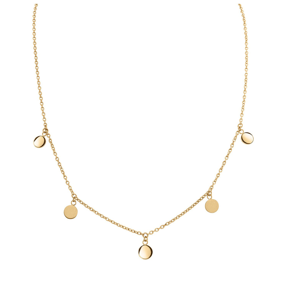 Collar dorado de titanio con cuatro colgantes redondos y brillantes.