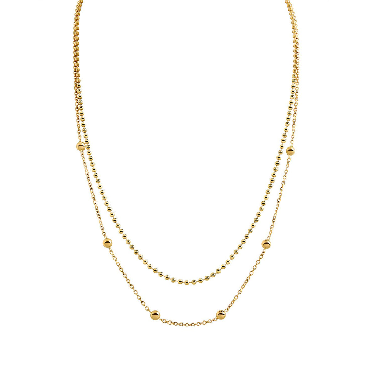 Collar de titanio dorado con dos cadenas y esferas decorativas.