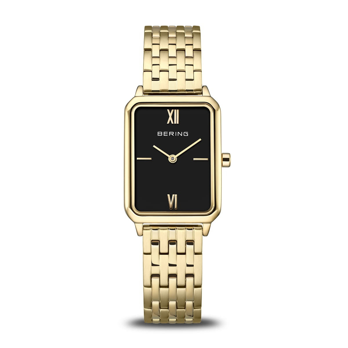 Reloj de mujer con esfera negra y caja dorada rectangular, correa de malla dorada.