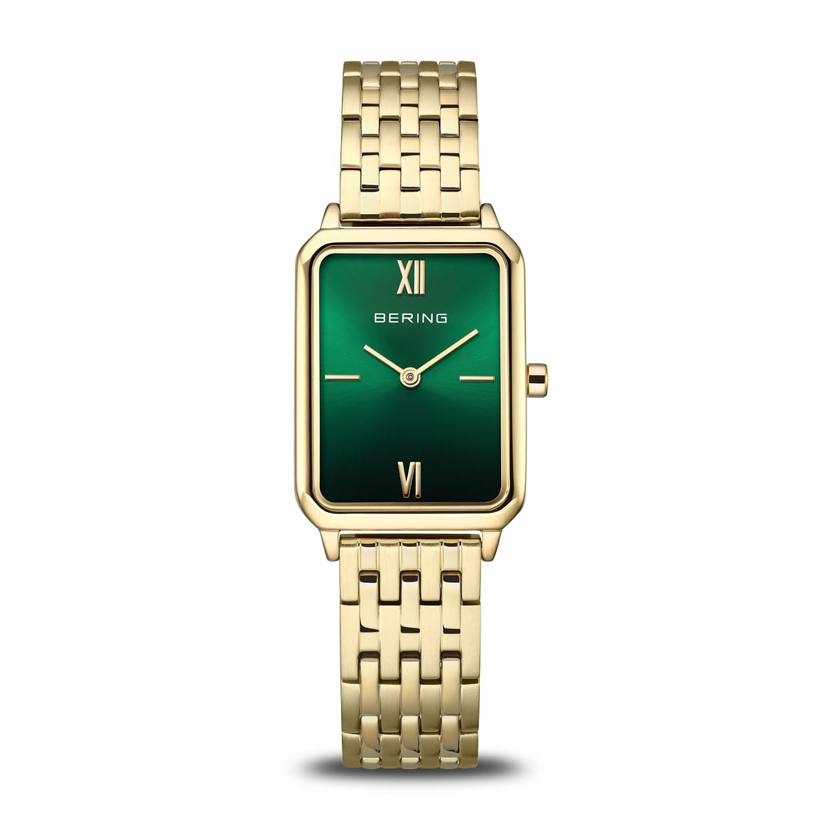 Reloj de dama con esfera verde, caja rectangular dorada y pulsera de eslabones dorados.