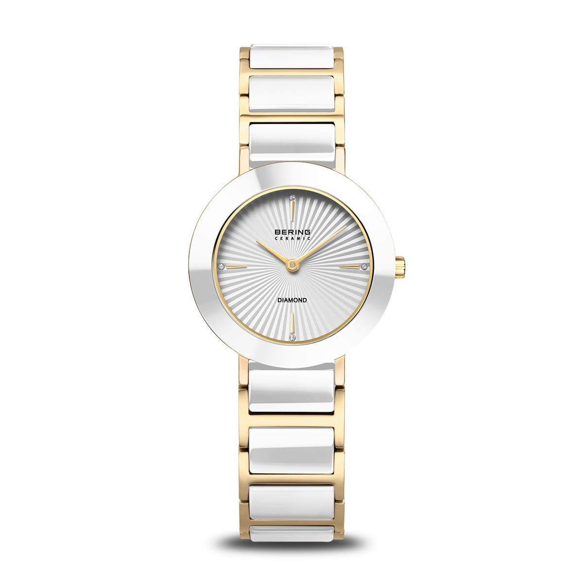 Reloj con esfera blanca, caja plateada y pulsera de acero dorado y blanco.