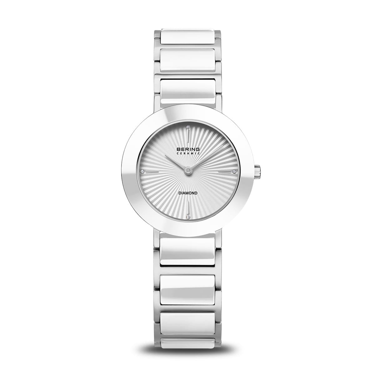 Reloj con esfera blanca, caja y correa de acero inoxidable plateado, diseño minimalista.