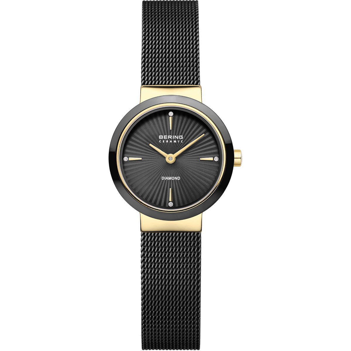 Reloj de mujer con esfera negra, correa de malla dorada y detalles minimalistas.