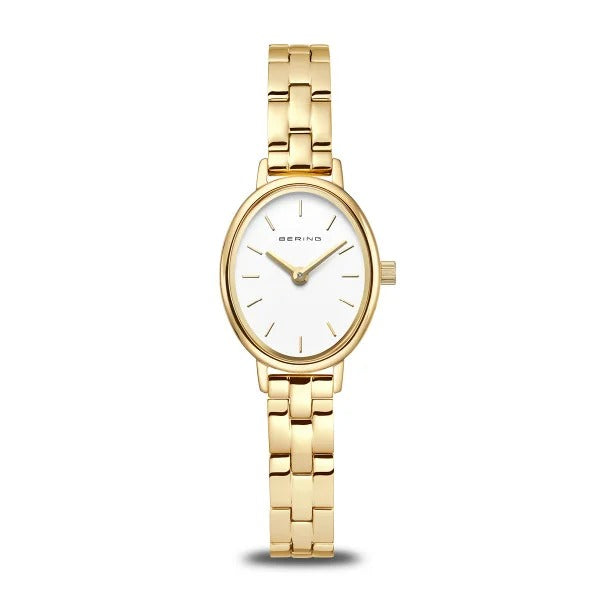 Reloj ovalado dorado con esfera blanca y correa de eslabones.