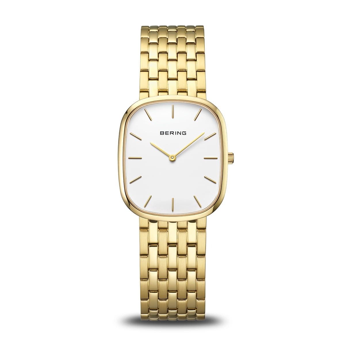 Reloj de dama con esfera blanca y caja dorada, correa de malla dorada.