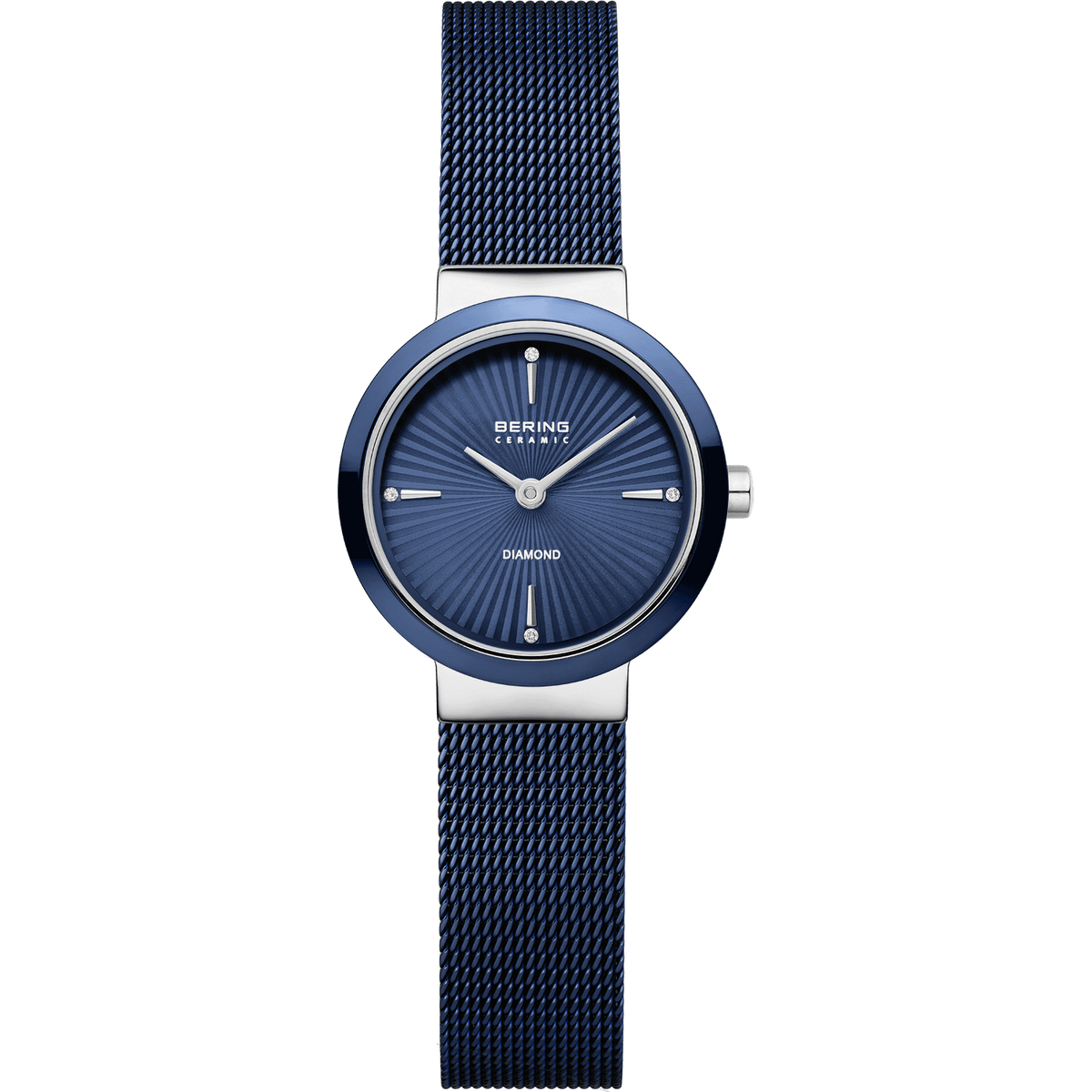 Reloj de mujer con esfera azul, correa de malla metálica plateada y detalles minimalistas.