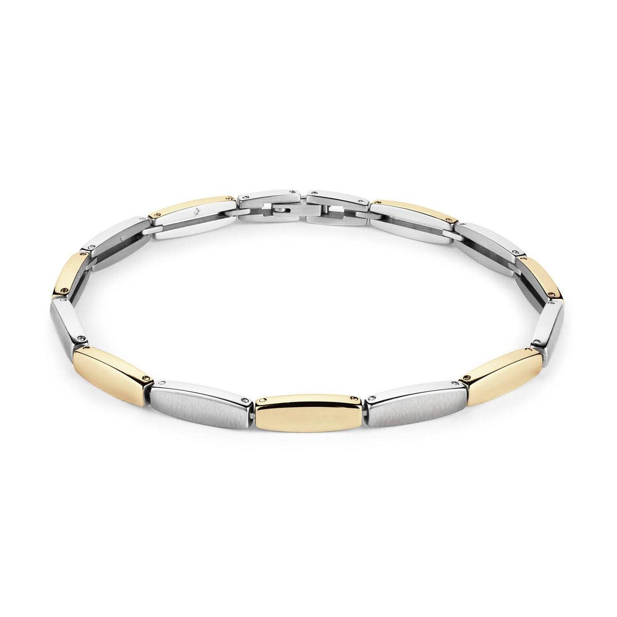 Pulsera bicolor de titanio con eslabones alargados en tonos plateado y dorado.