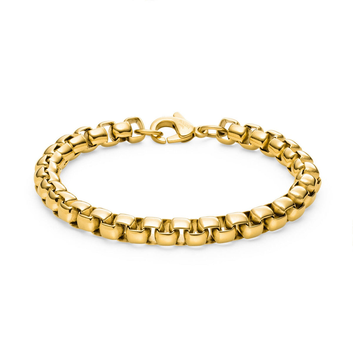 Pulsera de titanio dorada con eslabones rectangulares y cierre de langosta.