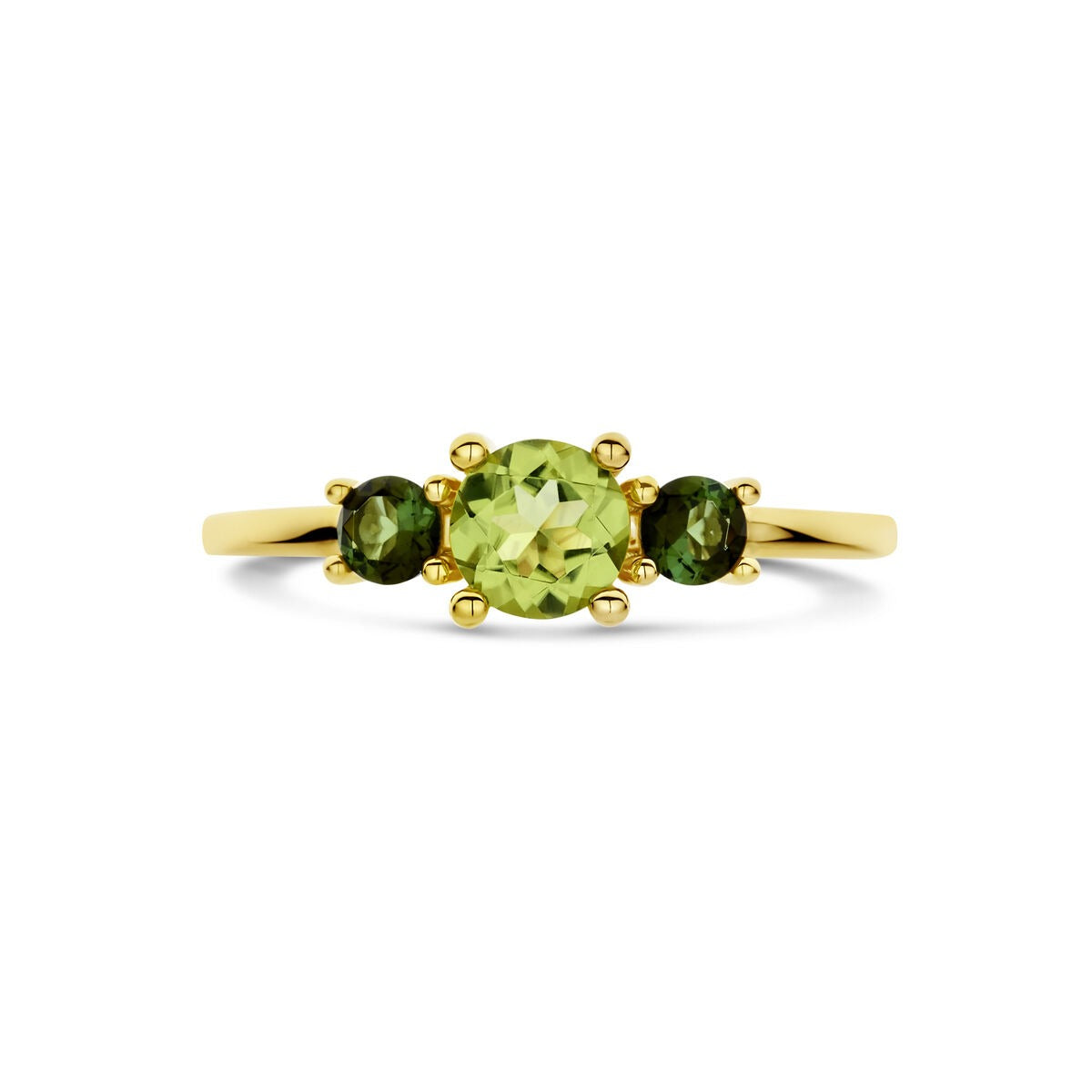 Anillo de mujer en oro amarillo con peridoto y turmalina – 14k oro amarillo