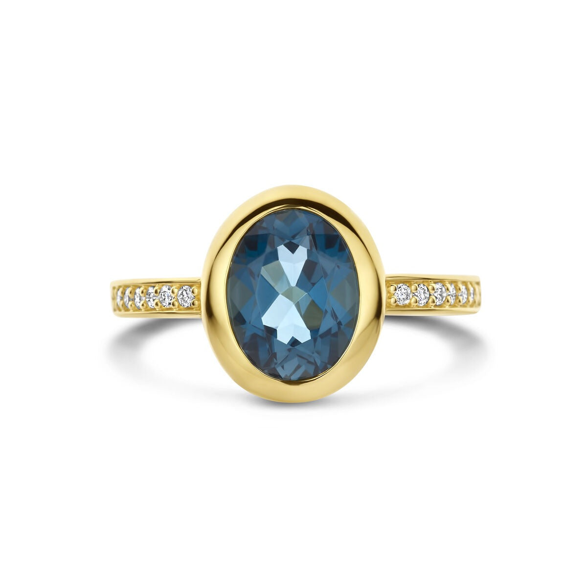 Anillo de mujer en oro amarillo con topacio London Blue y diamante – 14k oro amarillo