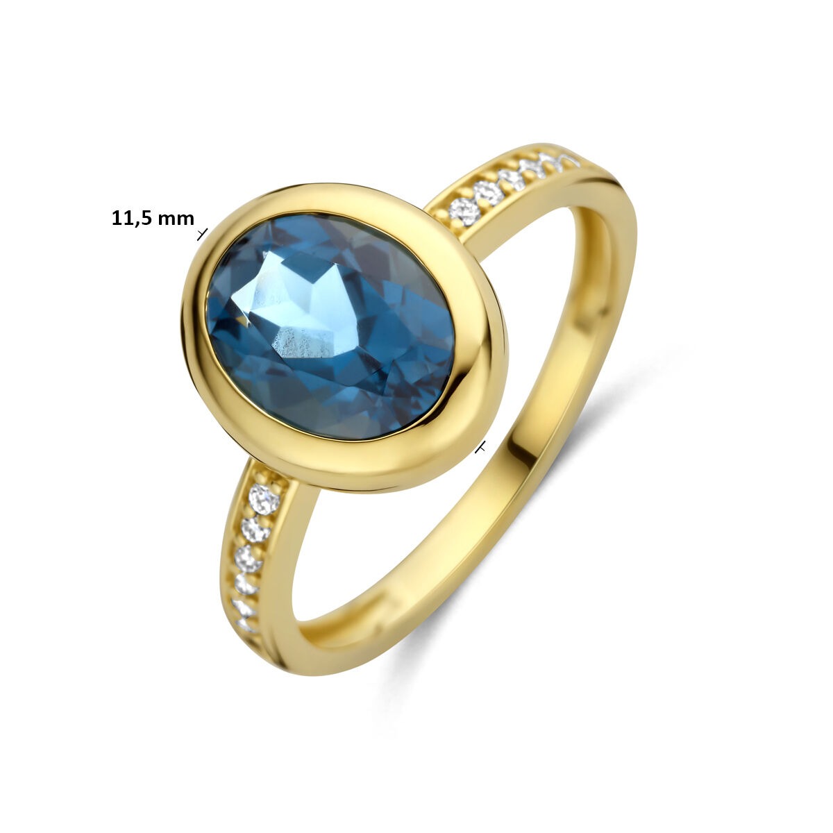 Anillo de mujer en oro amarillo con topacio London Blue y diamante – 14k oro amarillo