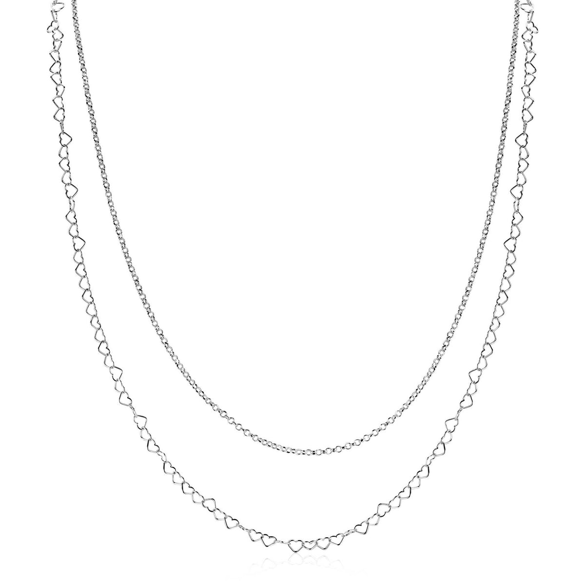 Cadena de plata con eslabones en forma de corazón, de dos hilos.