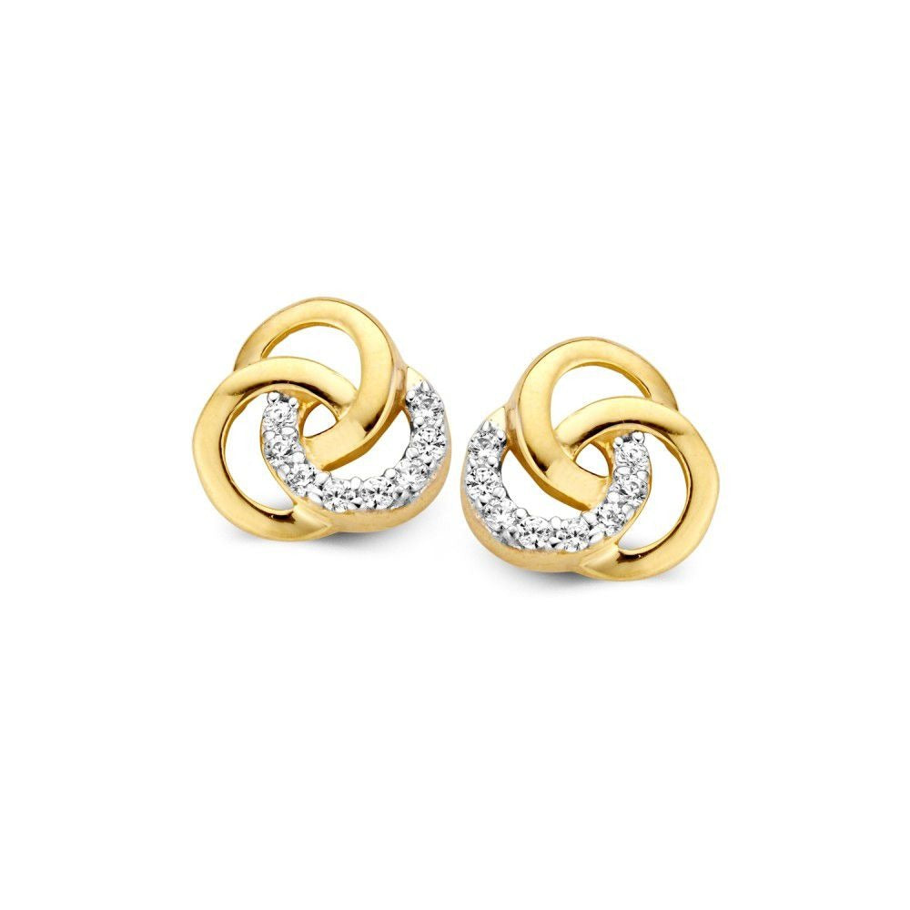 Pendientes de oro amarillo de 14 quilates con zircón, diseño entrelazado y detalles brillantes.