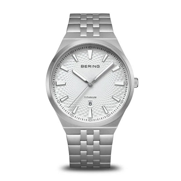 Reloj de hombre Bering de titanio, acabado gris cepillado con esfera guilloché.