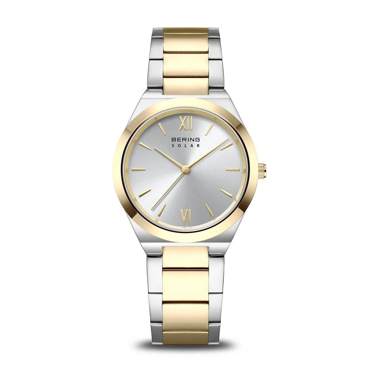 Reloj de mujer Bering con esfera plateada, caja bicolor y correa de acero inoxidable.