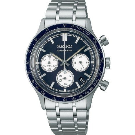 Reloj cronógrafo Seiko con esfera azul, caja de acero inoxidable y pulsera de eslabones.