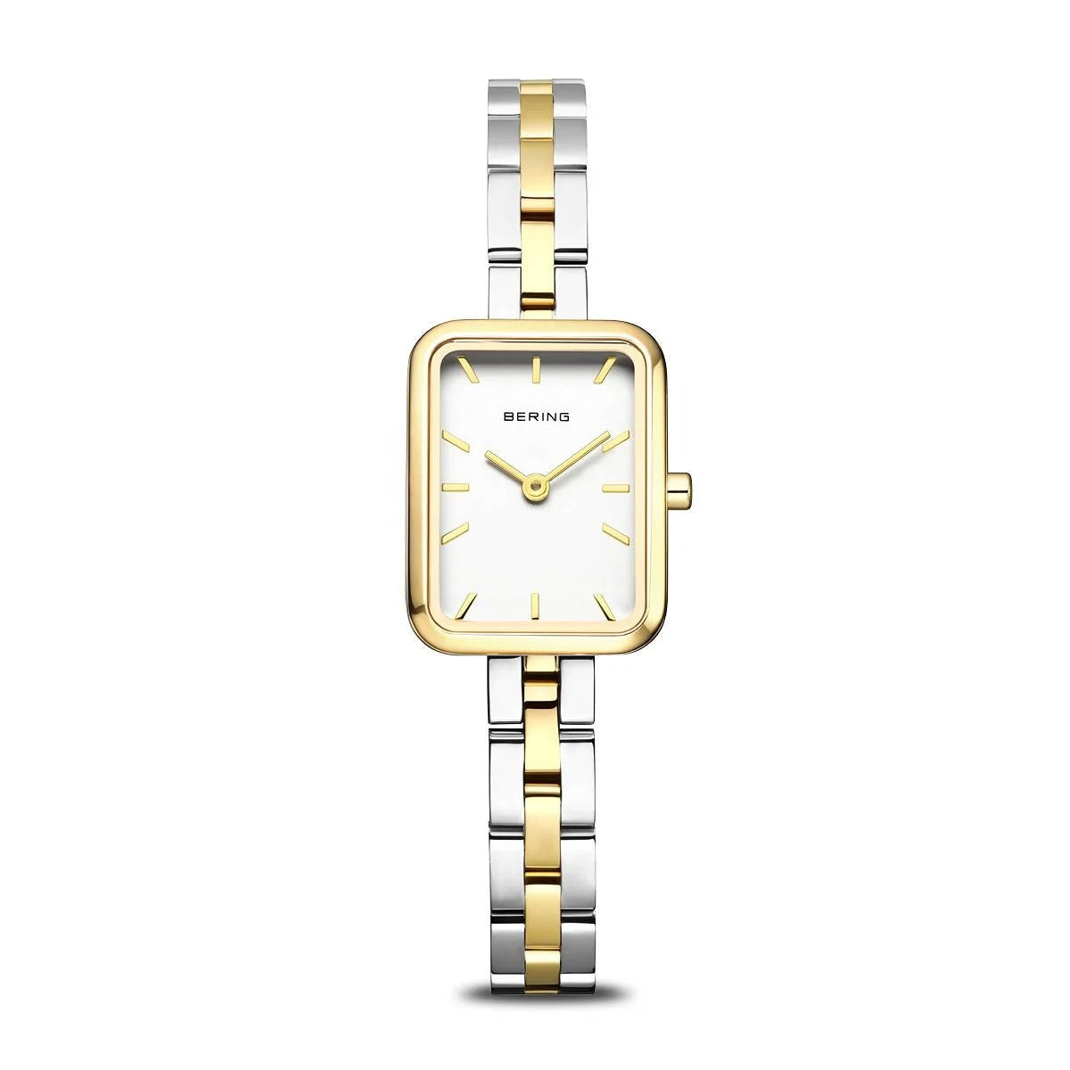 Reloj de mujer rectangular con caja dorada, esfera blanca y correa de acero inoxidable bicolor.