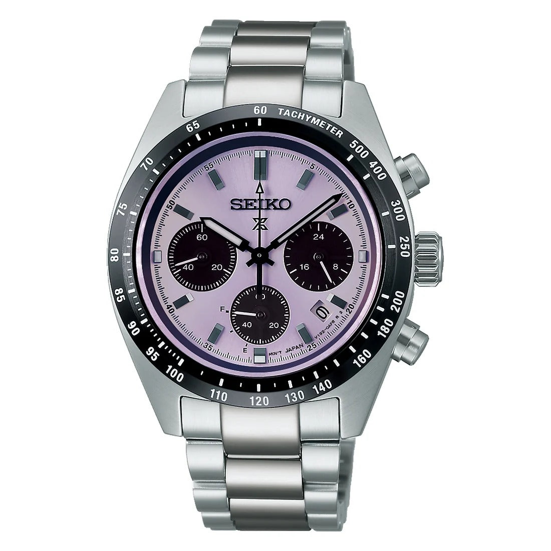 Reloj de hombre Seiko Prospex edición limitada con esfera morada, cronógrafo y correa de acero inoxidable.