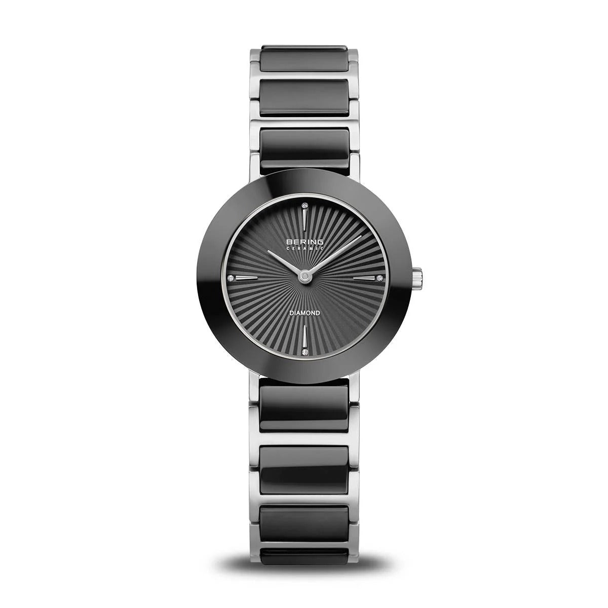Reloj de mujer con esfera negra, caja redonda y pulsera de acero inoxidable bicolor.