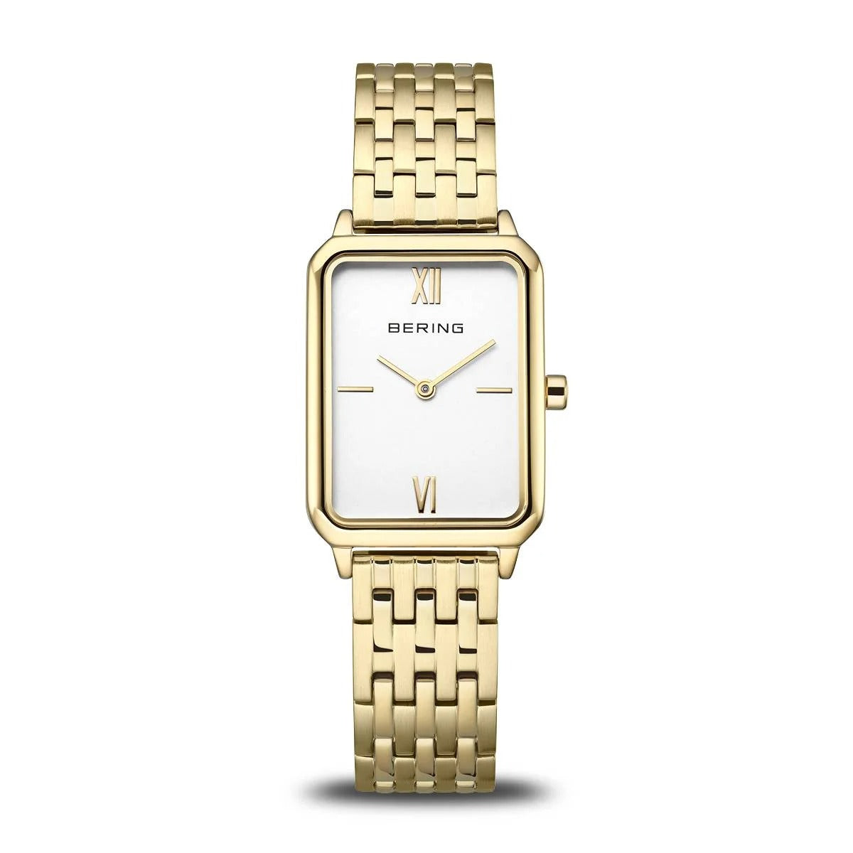 Reloj de mujer con esfera blanca, caja rectangular dorada y pulsera de malla dorada.