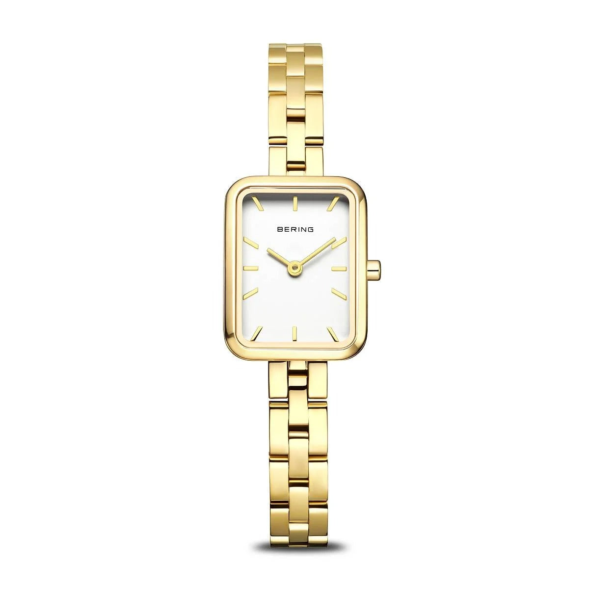Reloj de dama con esfera blanca y caja rectangular dorada, correa de eslabones dorados.