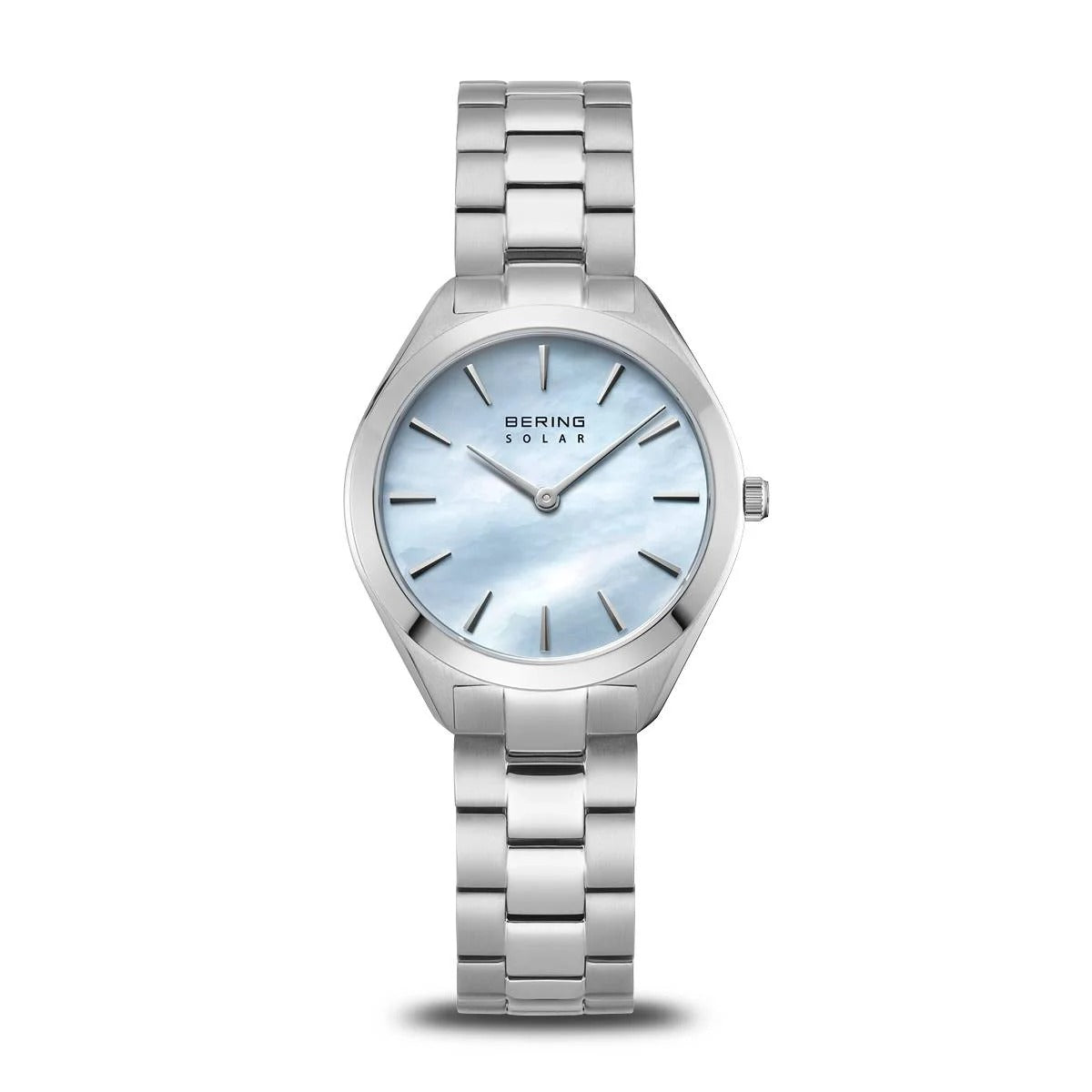 Reloj de mujer Bering con esfera azul clara y correa de acero inoxidable.